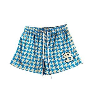 BKTSQD‎ Mens Blue Tan Houndstooth Mesh Basketball Shorts Size L Chenille Patch